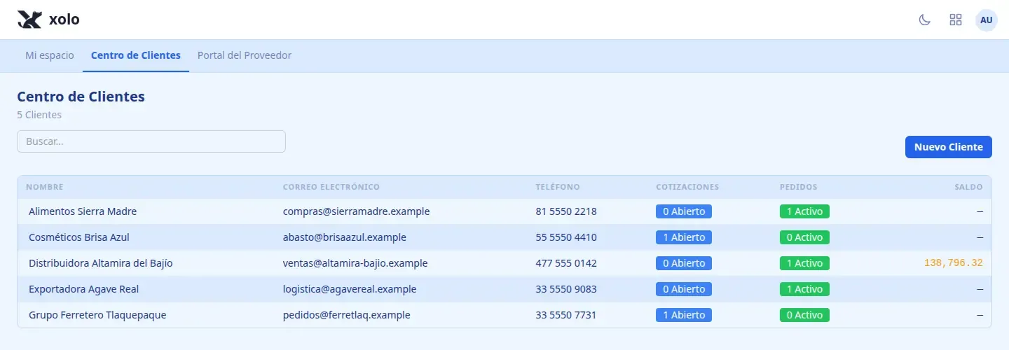 Pantalla de xolo: Centro de Clientes, con cotizaciones abiertas, pedidos activos y saldo por cliente